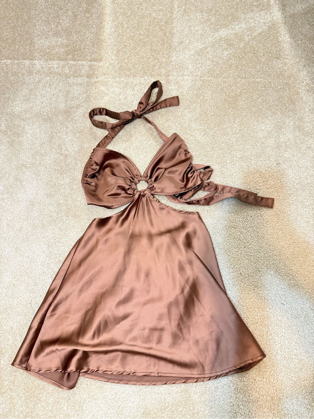 MARBLE Satin Halter Cutout Mini Dress in Brown